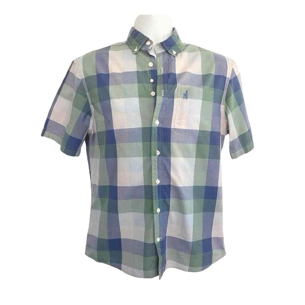 Johnnie-O Button Down Shirt Mens Small Plaid Short Sleeve Preppy Surf Blue Green